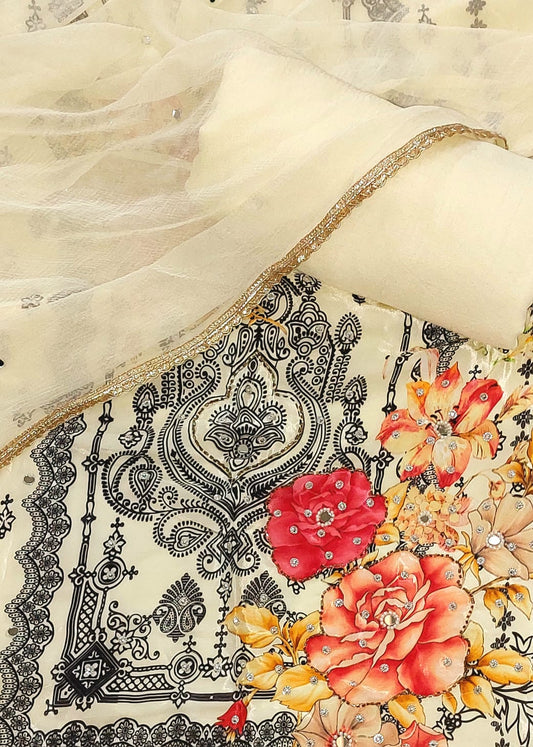 Designer Cream Crepe Kurti Set with Floral Print & Chiffon Dupatta – Casual & Festive Wear