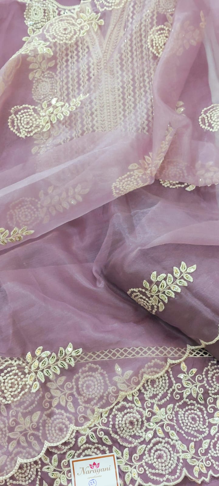 Trendy Lavender Embroidered Organza Suit with Dupatta