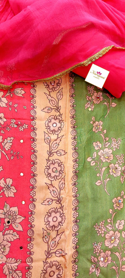 Multicolor Printed Crepe Suit with Mirror Work