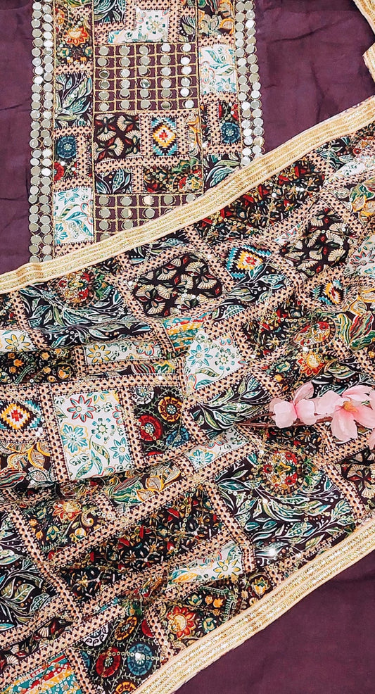 Designer Gujarati Cotton Suit in Wine Color with Mirror & Embroidery Detailing