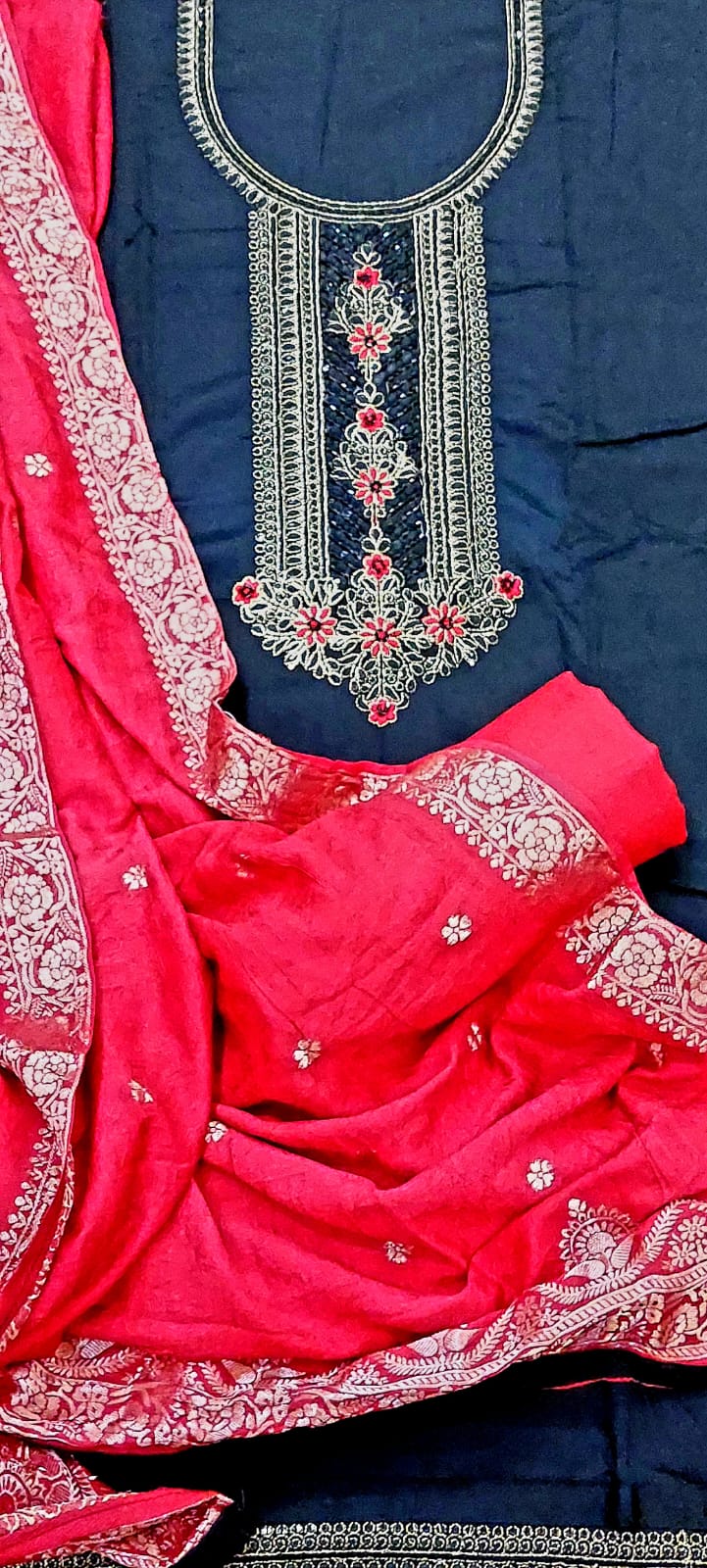 Embroidered Cotton Suit with Banarasi Dupatta