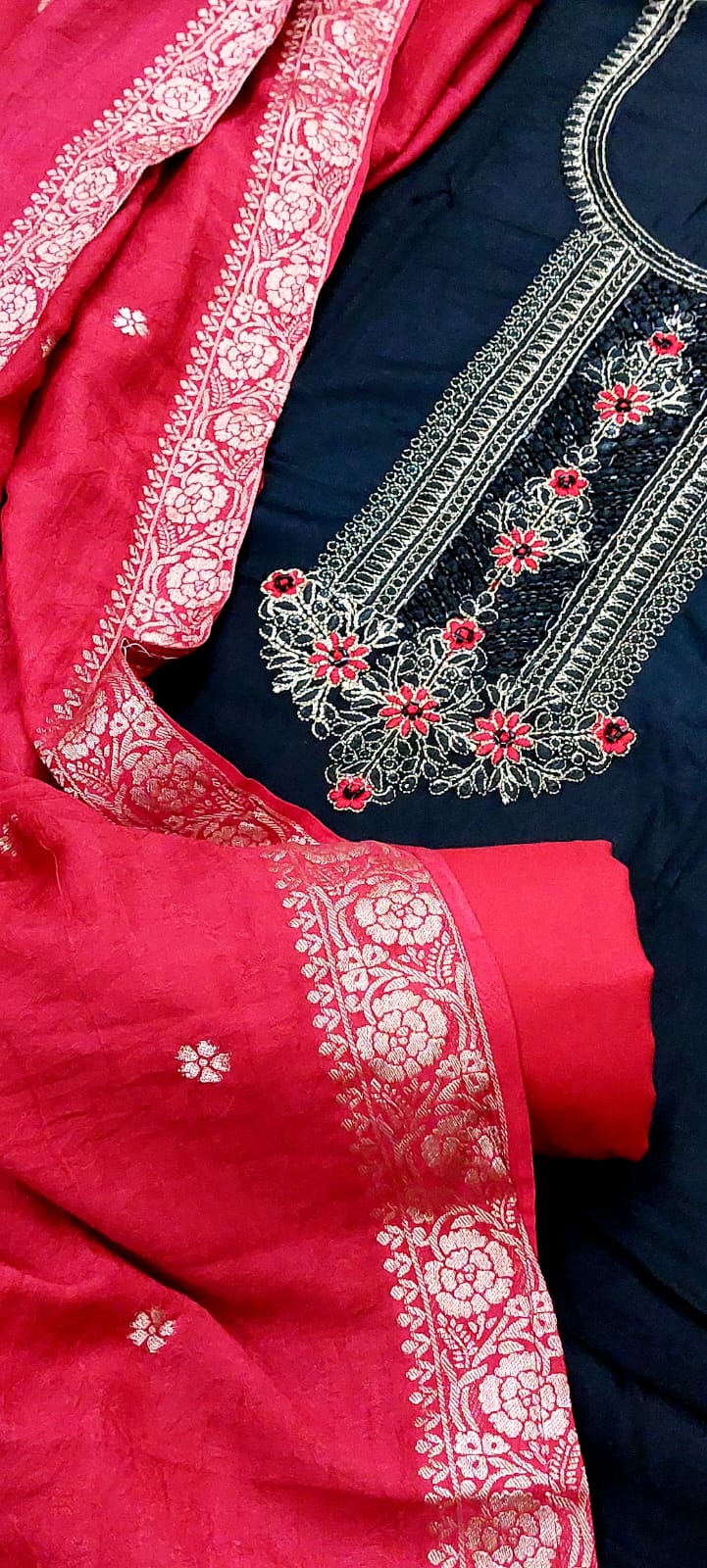 Embroidered Cotton Suit with Banarasi Dupatta
