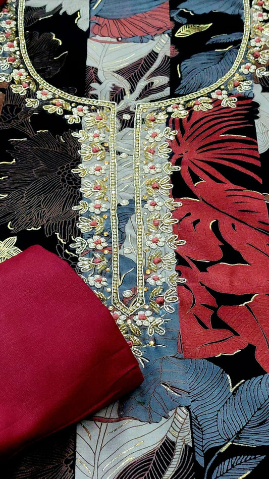 Floral Embroidered Cotton Silk Suit in Black & Mehroon – Perfect for Parties