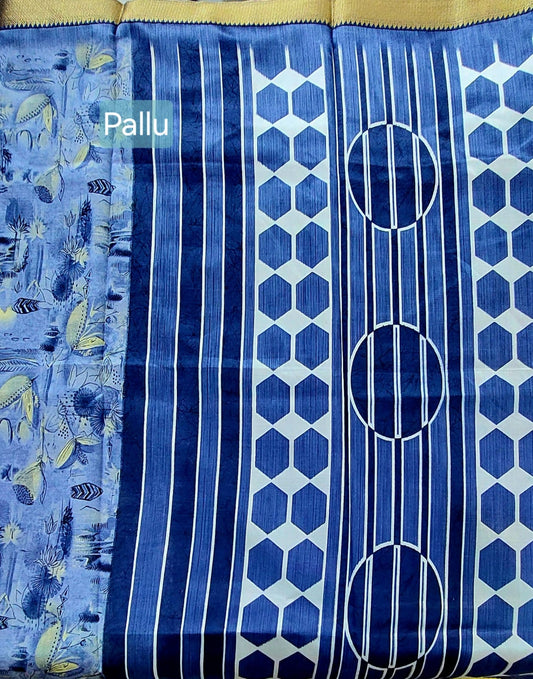 Printed Blue Cotton Saree, Gold Border