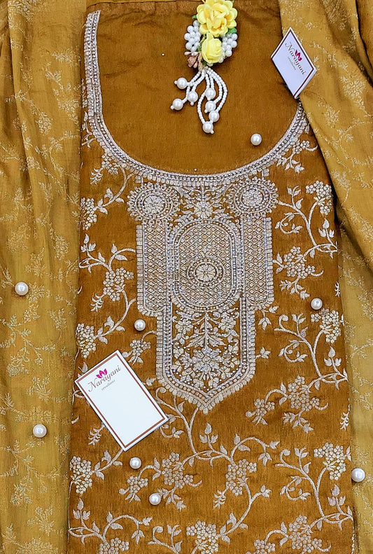 Luxury Mustard Gold Banarasi Chanderi Suit Set – Traditional & Festive Ethnic Outfit
