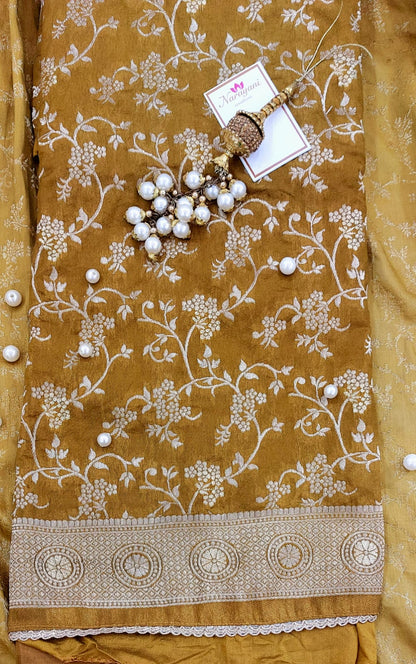 Luxury Mustard Gold Banarasi Chanderi Suit Set – Traditional & Festive Ethnic Outfit