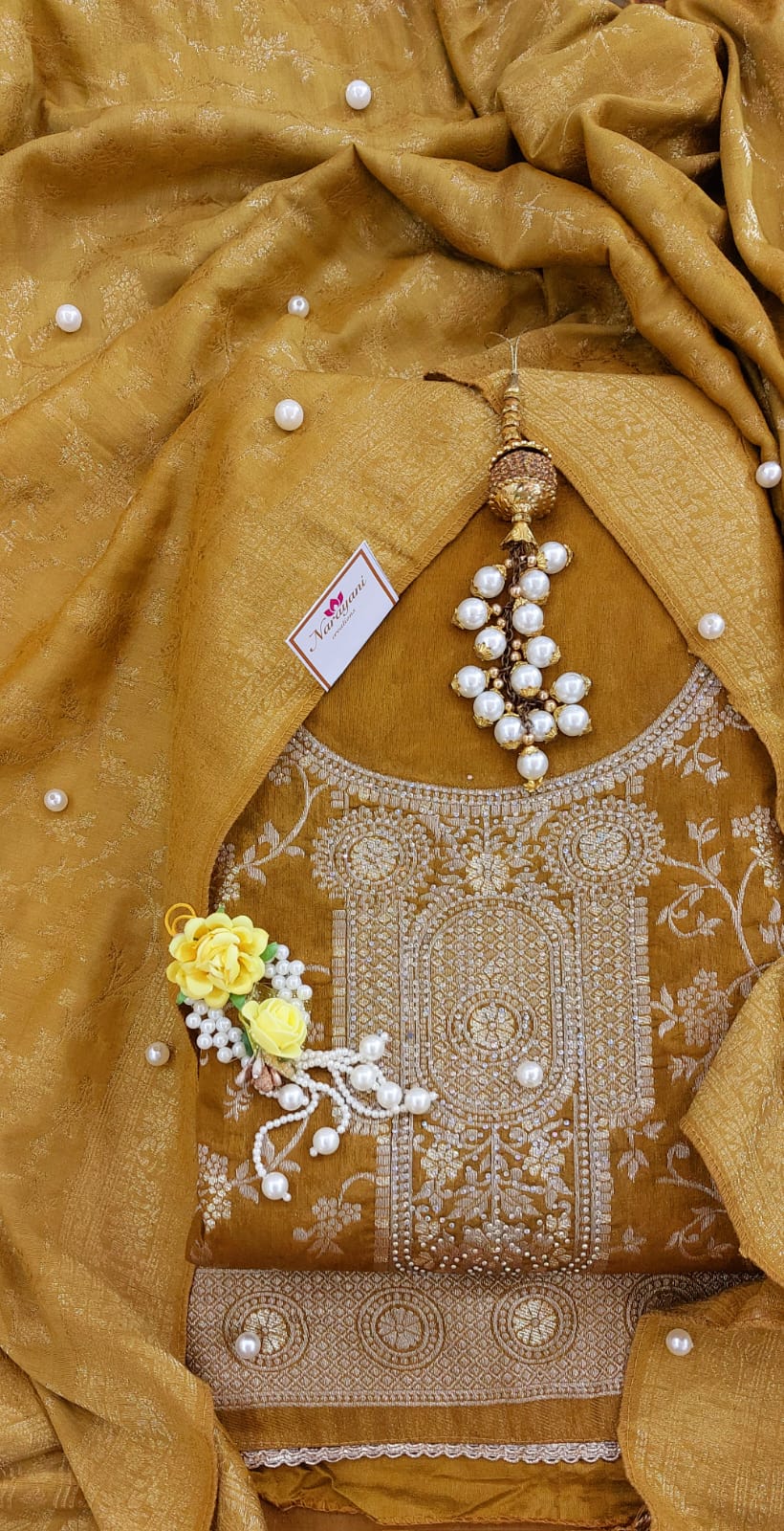 Luxury Mustard Gold Banarasi Chanderi Suit Set – Traditional & Festive Ethnic Outfit