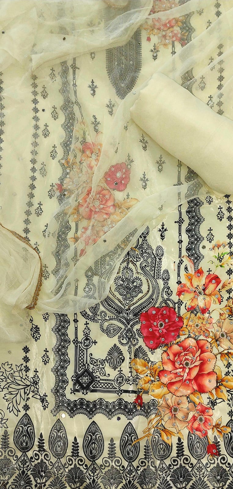 Designer Cream Crepe Kurti Set with Floral Print & Chiffon Dupatta – Casual & Festive Wear