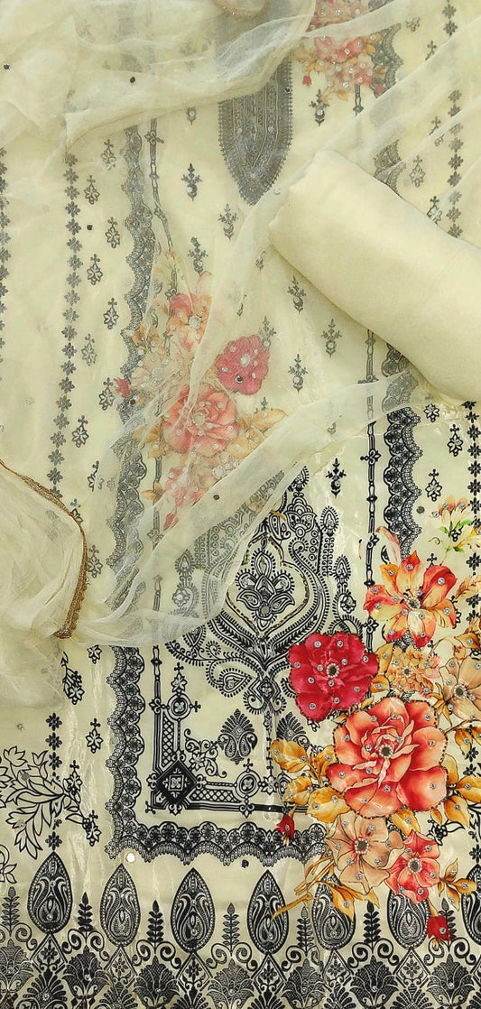 Designer Cream Crepe Kurti Set with Floral Print & Chiffon Dupatta – Casual & Festive Wear