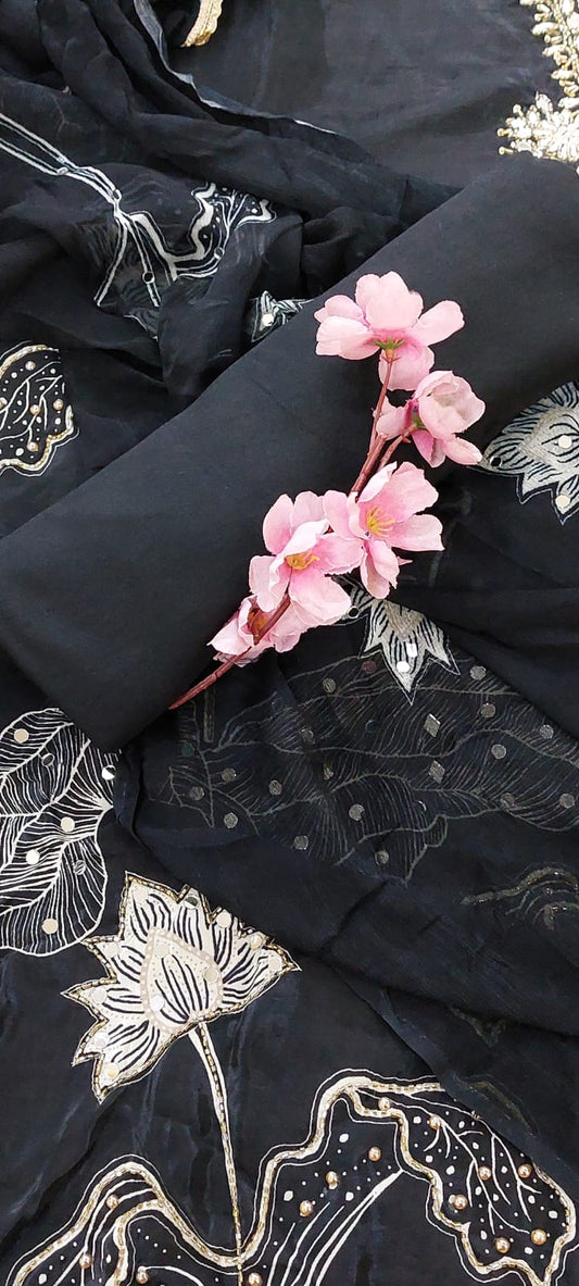 Midnight Bloom Designer Crepe Suit
