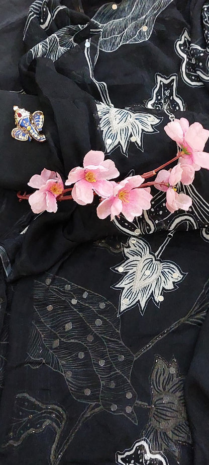 Midnight Bloom Designer Crepe Suit