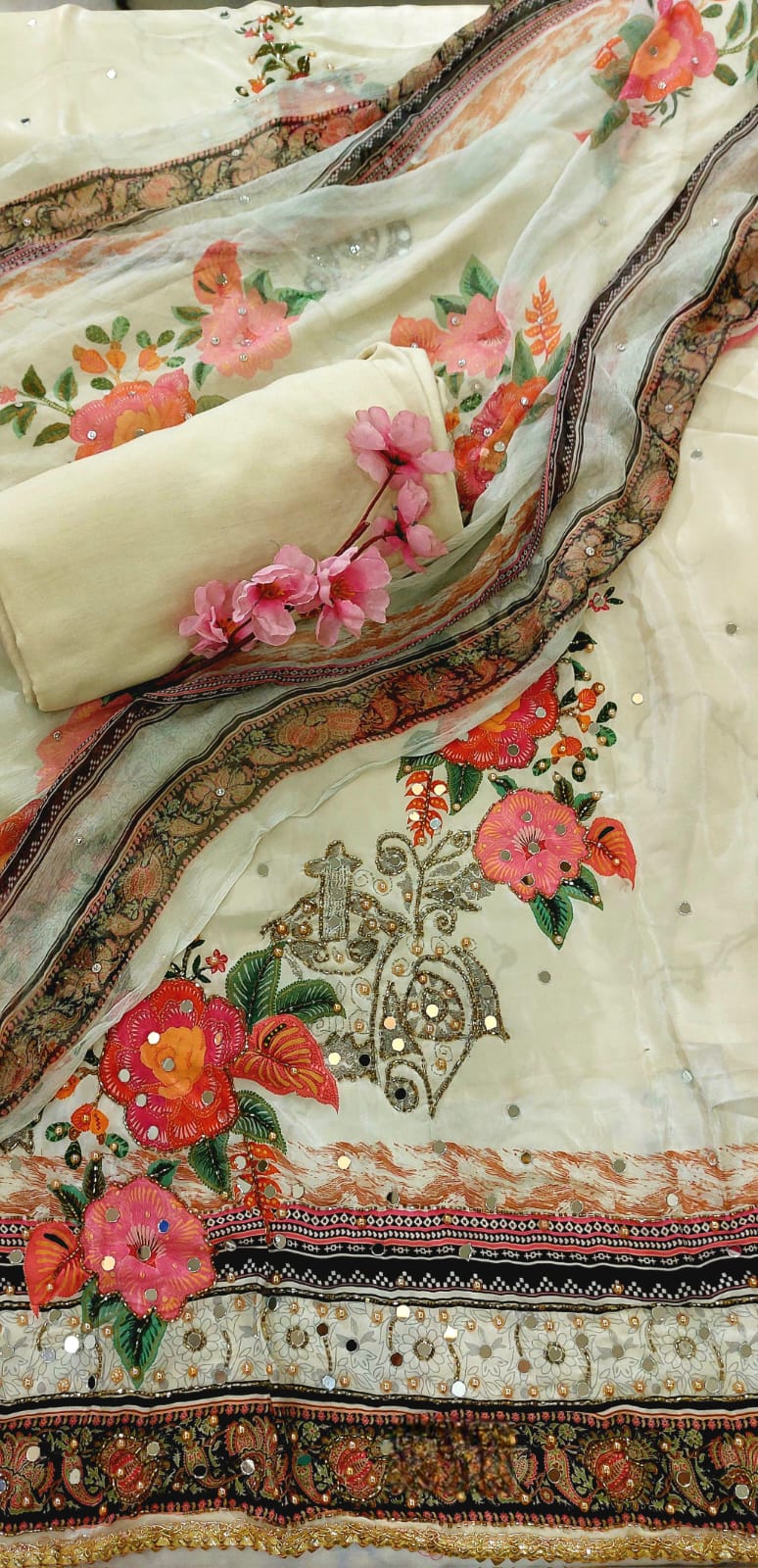 Designer Printed Crepe Suit with Mirror Work – Ethnic & Festive Wear