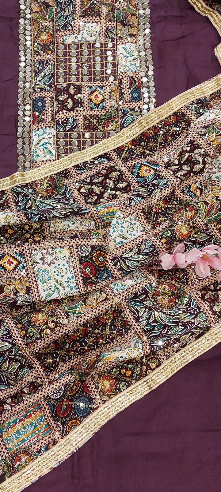 Designer Gujarati Cotton Suit in Wine Color with Mirror & Embroidery Detailing