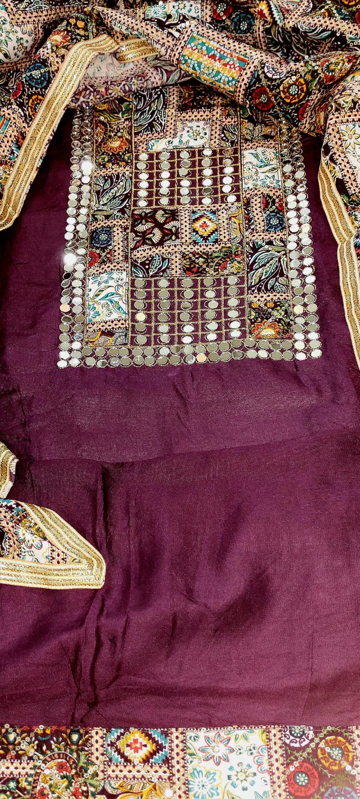 Designer Gujarati Cotton Suit in Wine Color with Mirror & Embroidery Detailing