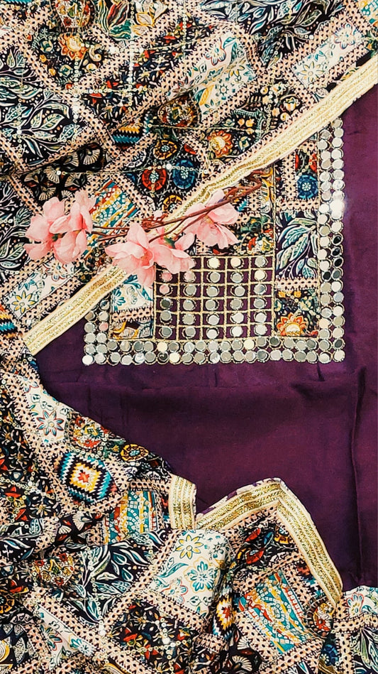 Designer Gujarati Cotton Suit in Wine Color with Mirror & Embroidery Detailing