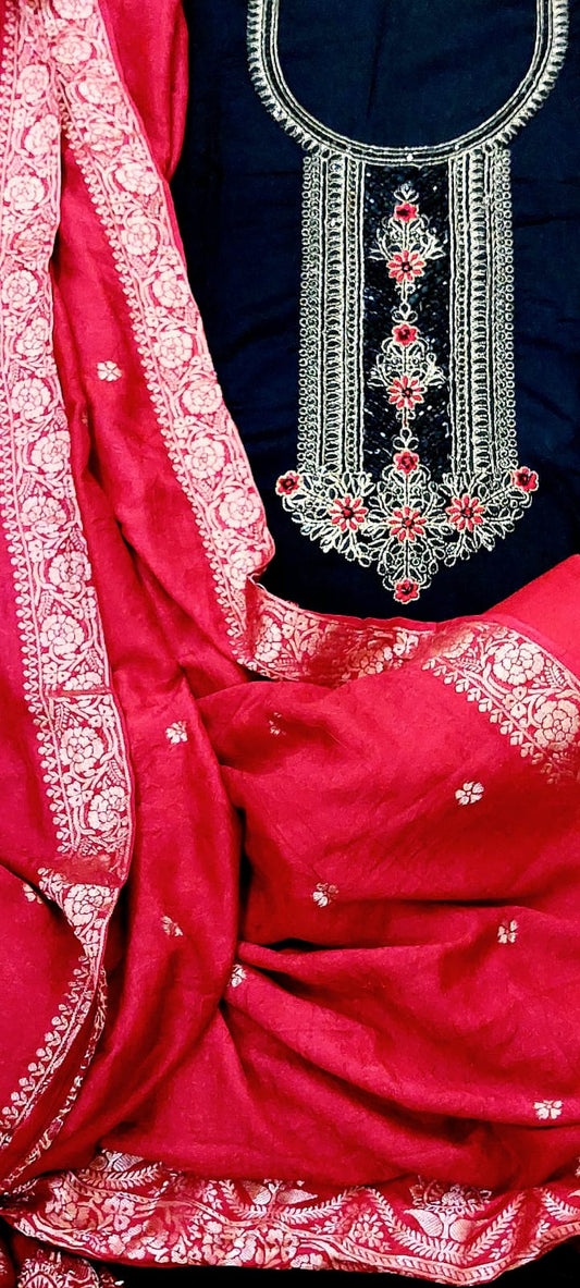 Embroidered Cotton Suit with Banarasi Dupatta