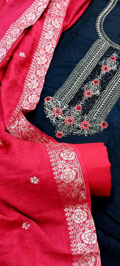 Embroidered Cotton Suit with Banarasi Dupatta