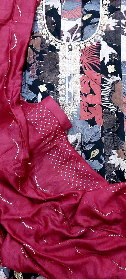 Floral Embroidered Cotton Silk Suit in Black & Mehroon – Perfect for Parties