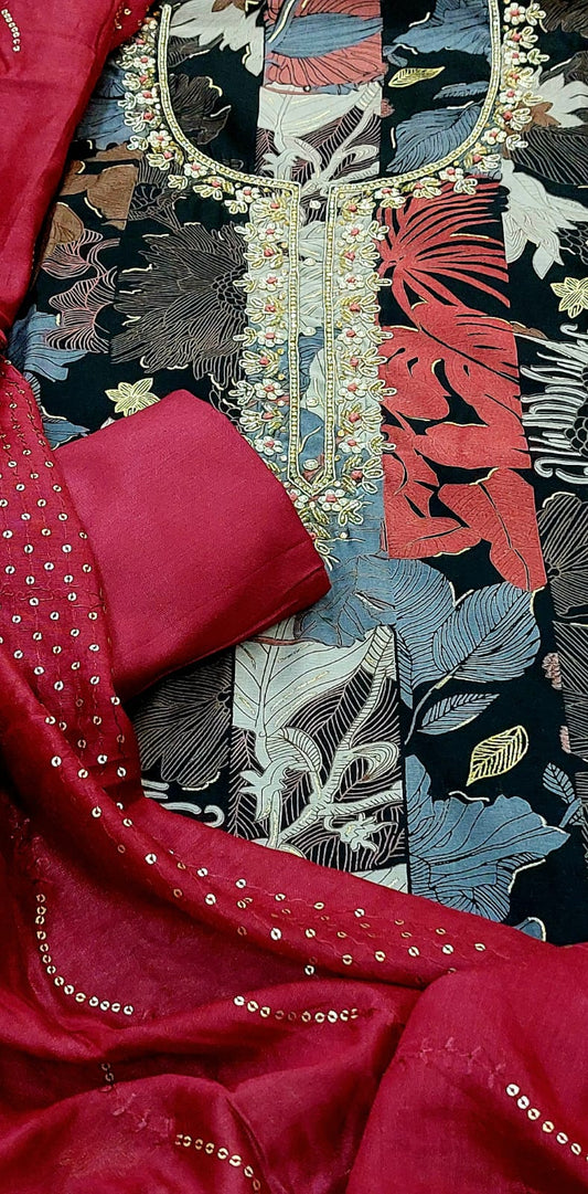 Floral Embroidered Cotton Silk Suit in Black & Mehroon – Perfect for Parties