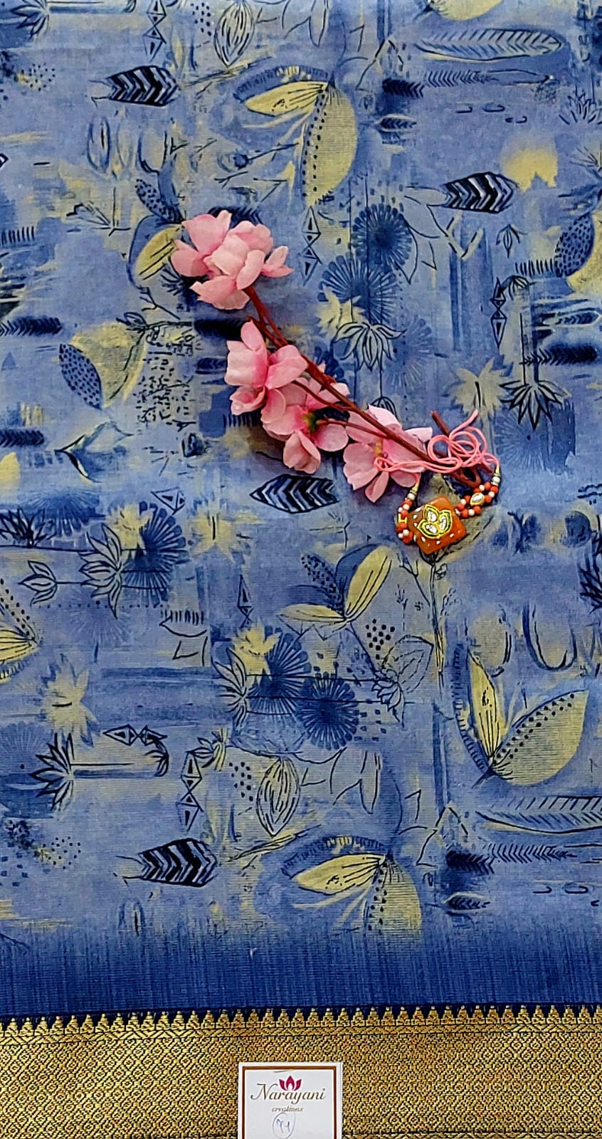 Printed Blue Cotton Saree, Gold Border