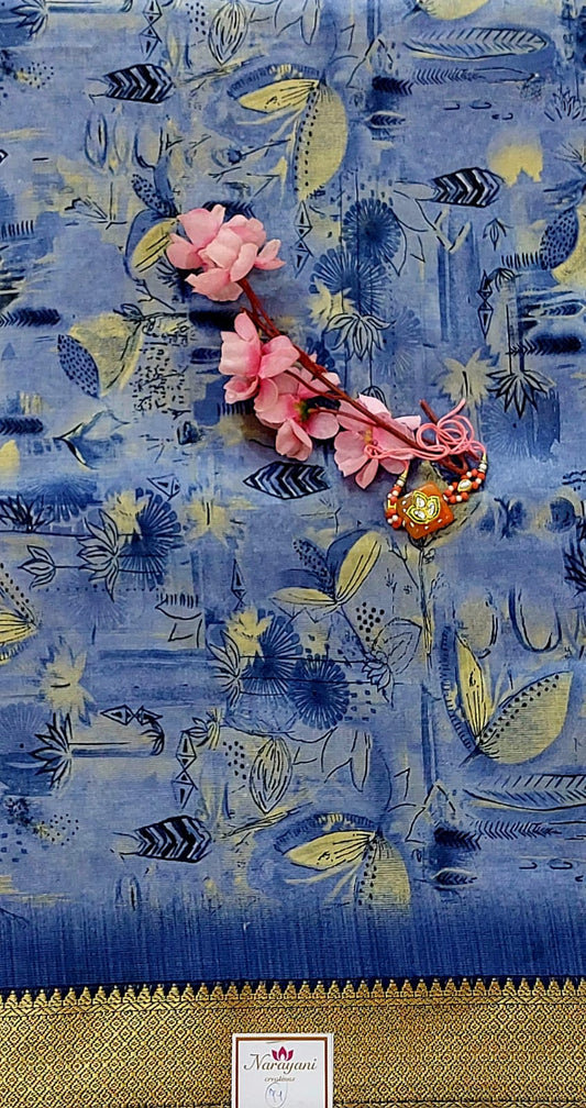 Printed Blue Cotton Saree, Gold Border