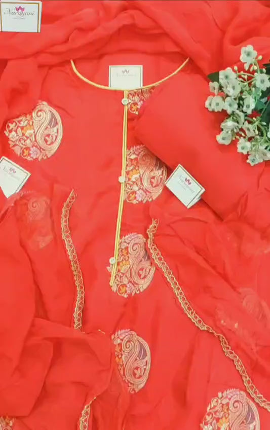 Tomato Red Chanderi Cotton Unstiched Suit
