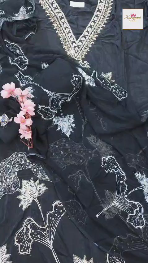 Midnight Bloom Designer Crepe Suit
