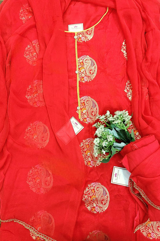 Tomato Red Chanderi Cotton Unstiched Suit